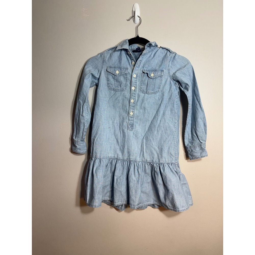 Polo Ralph Lauren Girls Chambray Denim Drop Waist Ruffle Dress Light Blue Size 7